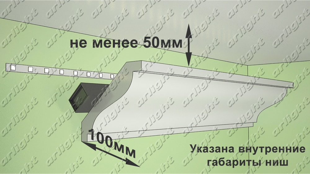 Подсветка светодиодной лентой фигурного карниза из полиуретана
